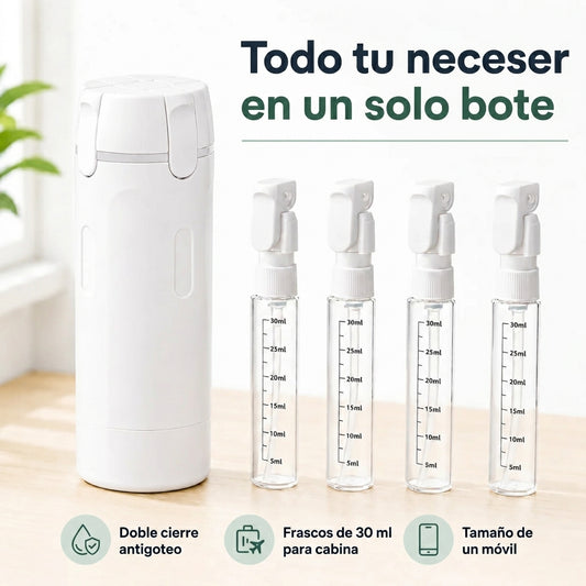 Cuatrina® Dispensador de Viaje 4 en 1 – Antigoteo y Apto para Equipaje de Mano