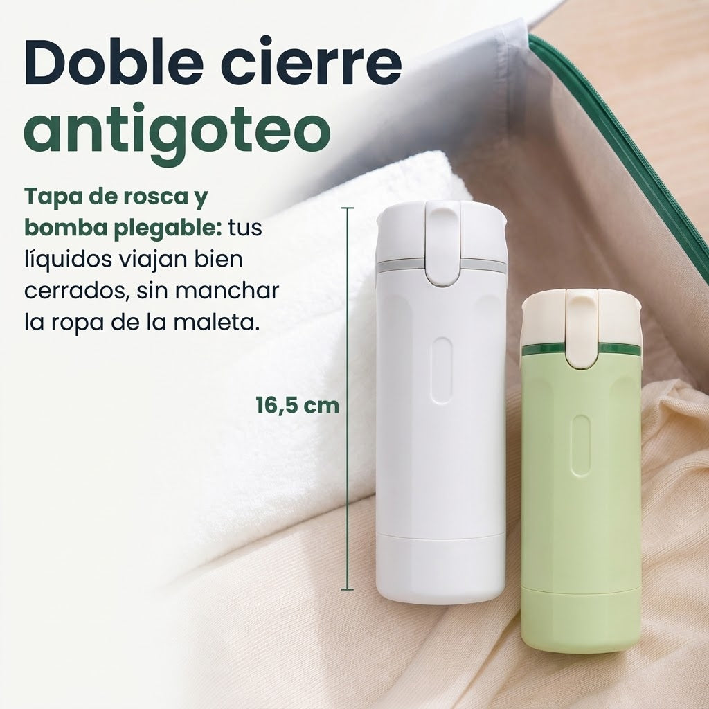 Cuatrina® Dispensador de Viaje 4 en 1 – Antigoteo y Apto para Equipaje de Mano