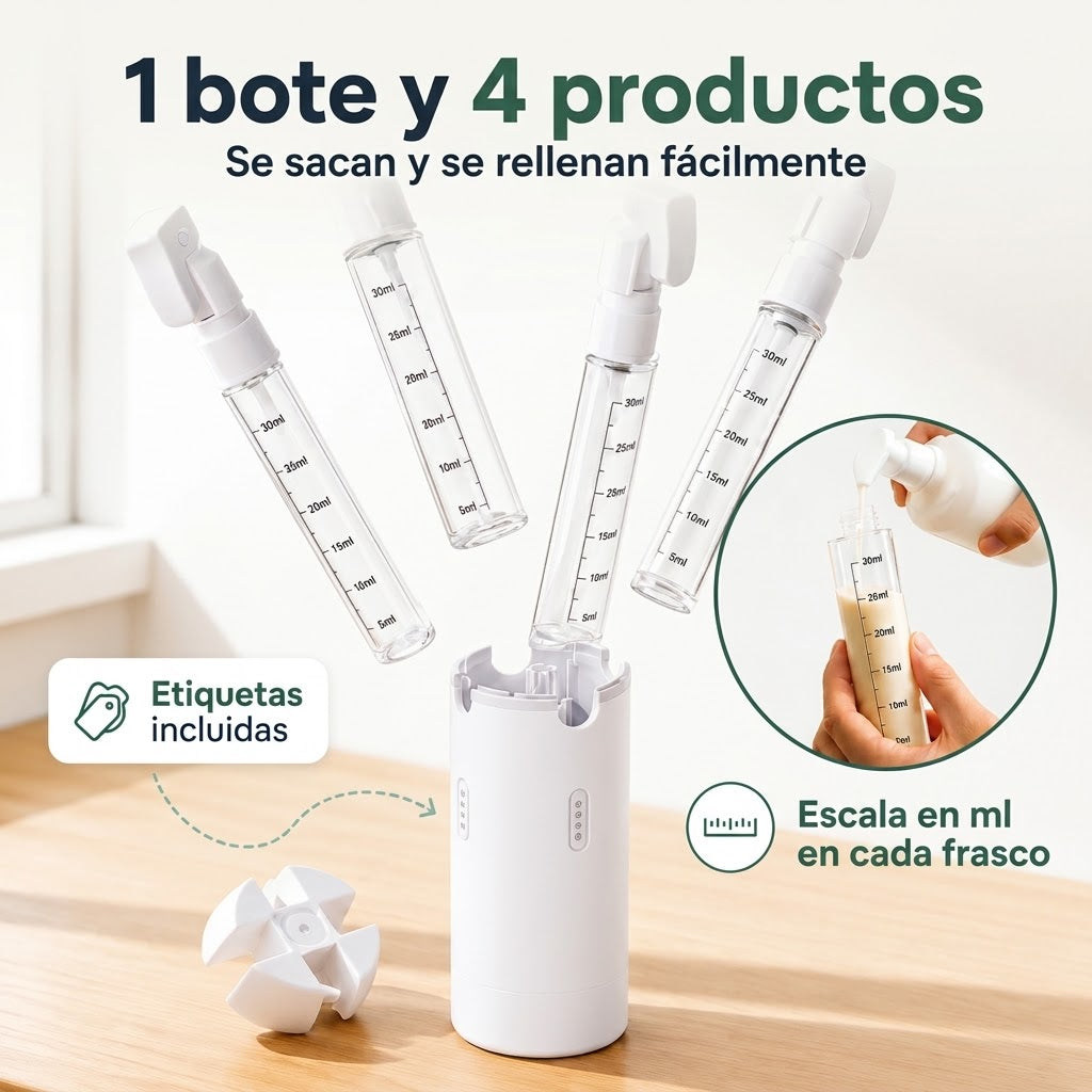 Cuatrina® Dispensador de Viaje 4 en 1 – Antigoteo y Apto para Equipaje de Mano