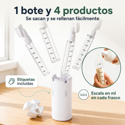 Cuatrina® Dispensador de Viaje 4 en 1 – Antigoteo y Apto para Equipaje de Mano