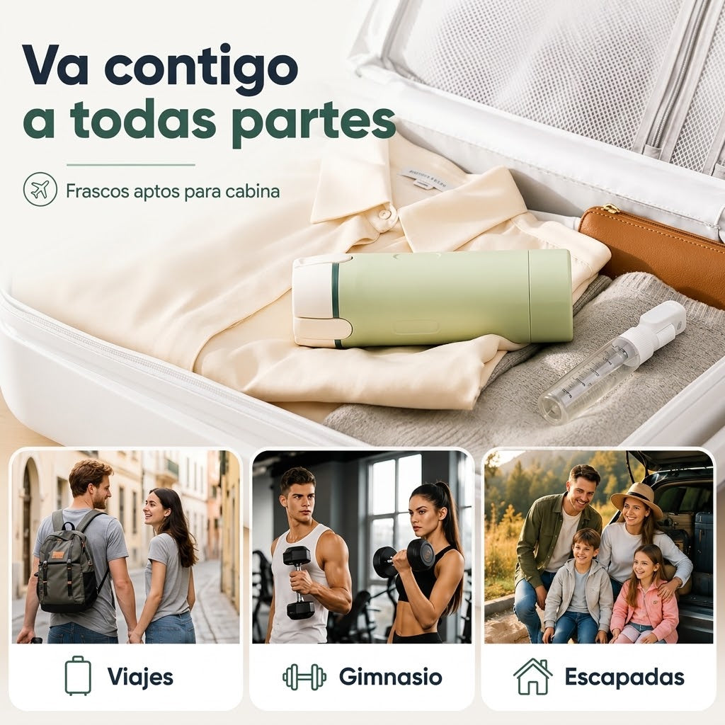Cuatrina® Dispensador de Viaje 4 en 1 – Antigoteo y Apto para Equipaje de Mano