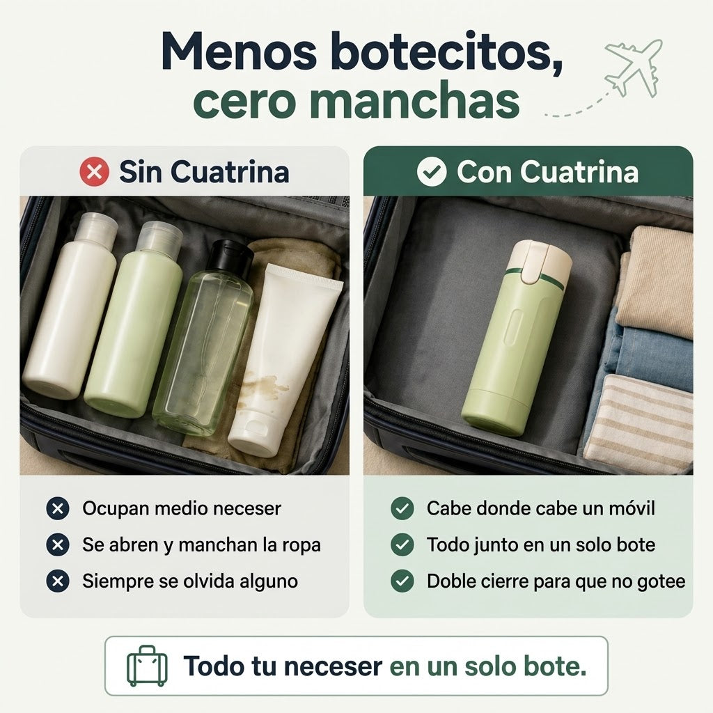 Cuatrina® Dispensador de Viaje 4 en 1 – Antigoteo y Apto para Equipaje de Mano