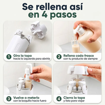 Cuatrina® Dispensador de Viaje 4 en 1 – Antigoteo y Apto para Equipaje de Mano